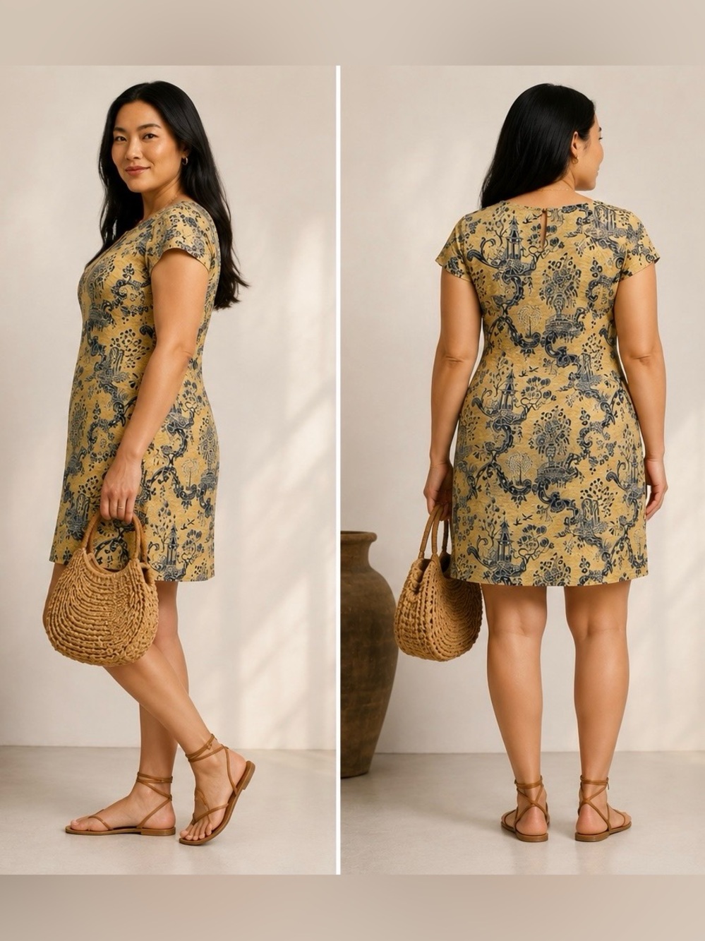 Talbots 100 % Silk Sheath Dress Asian Print Tan/Black Size 12